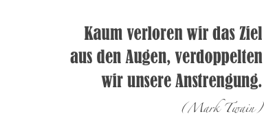 
Kaum verloren wir das Ziel 
aus den Augen, verdoppelten 
wir unsere Anstrengung.
(Mark Twain)